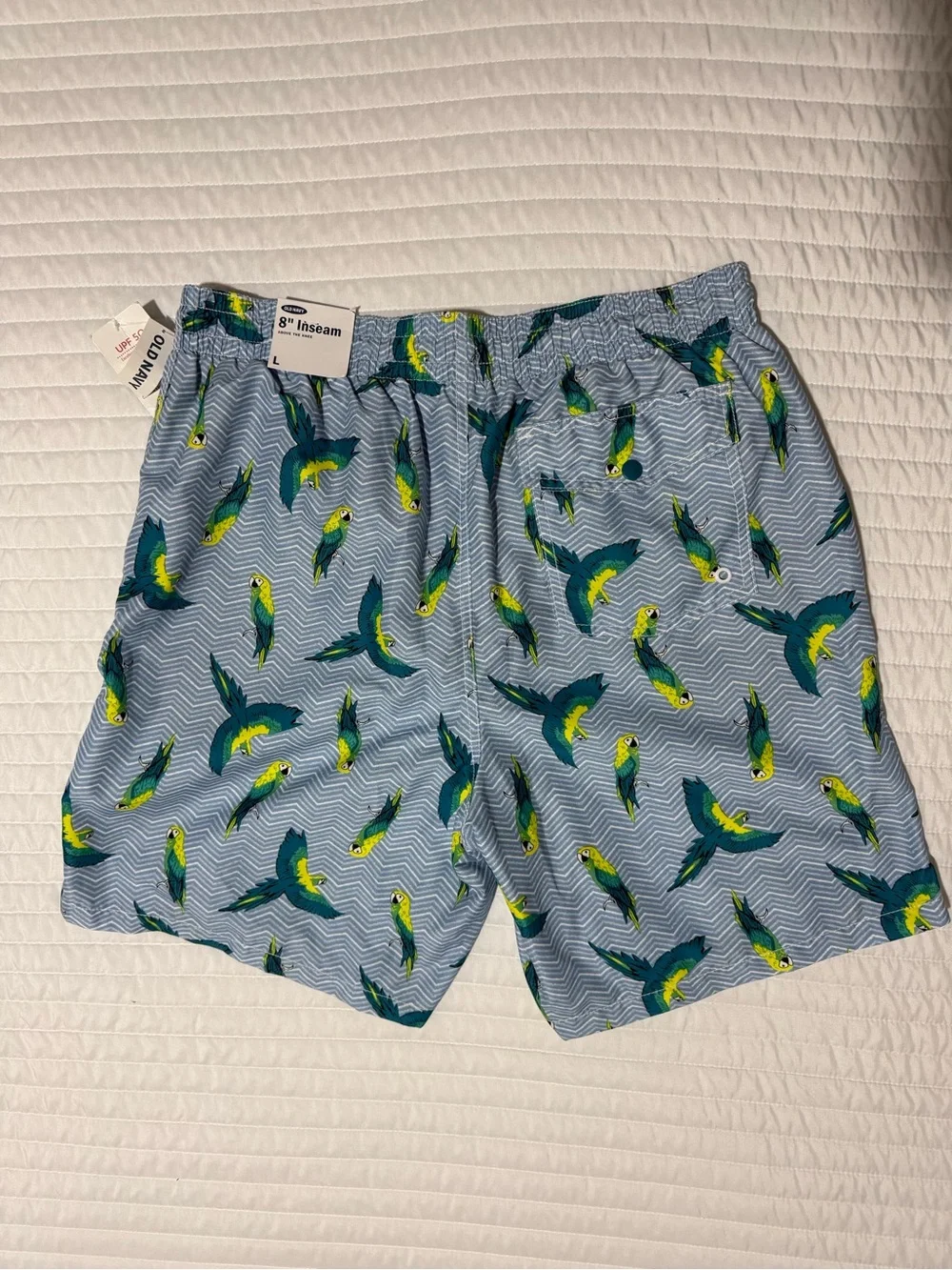 Old Navy Light Blue Swim Trunks with Green & Yellow Parrot Print